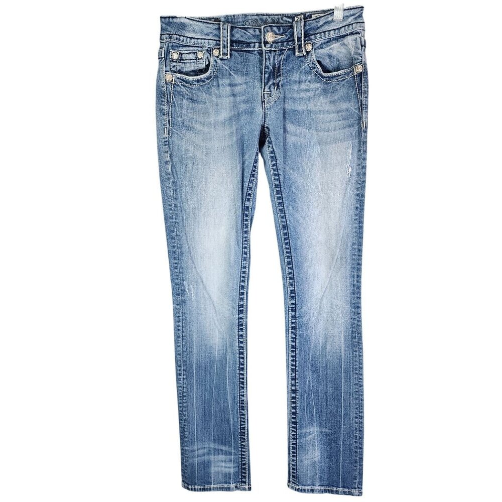 Womens Miss Me JP535BT2 Blue Denim Jeans Straight Mid Rise Rhinestone Size 28